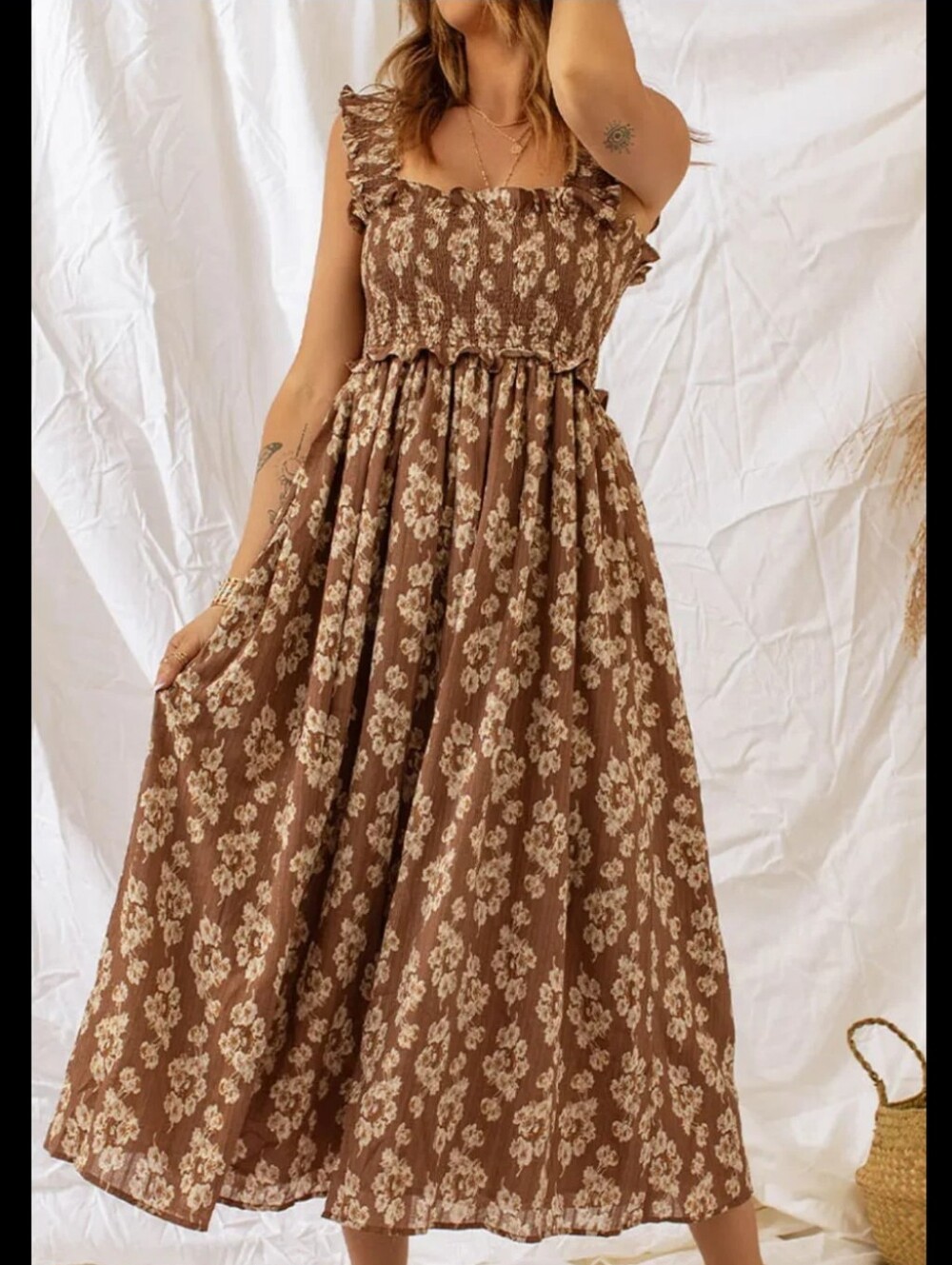 Altar'd State Dress Size XS Brown Boho Maxi Lined Flowy Pull On Cottagecore